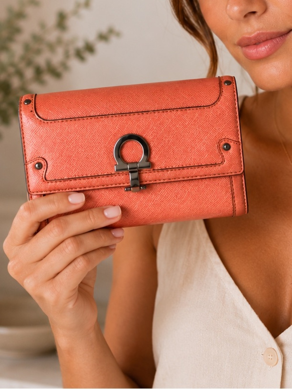Salvatore Ferragamo Vintage Gancini Wallet Peach Saffiano Leather